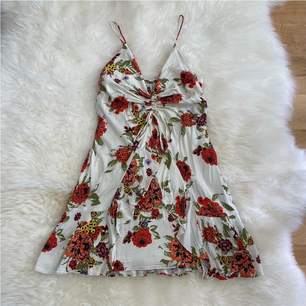 Free People Happy Heart Mini Dress Ruffle Ruching Floral Spaghetti Strap
